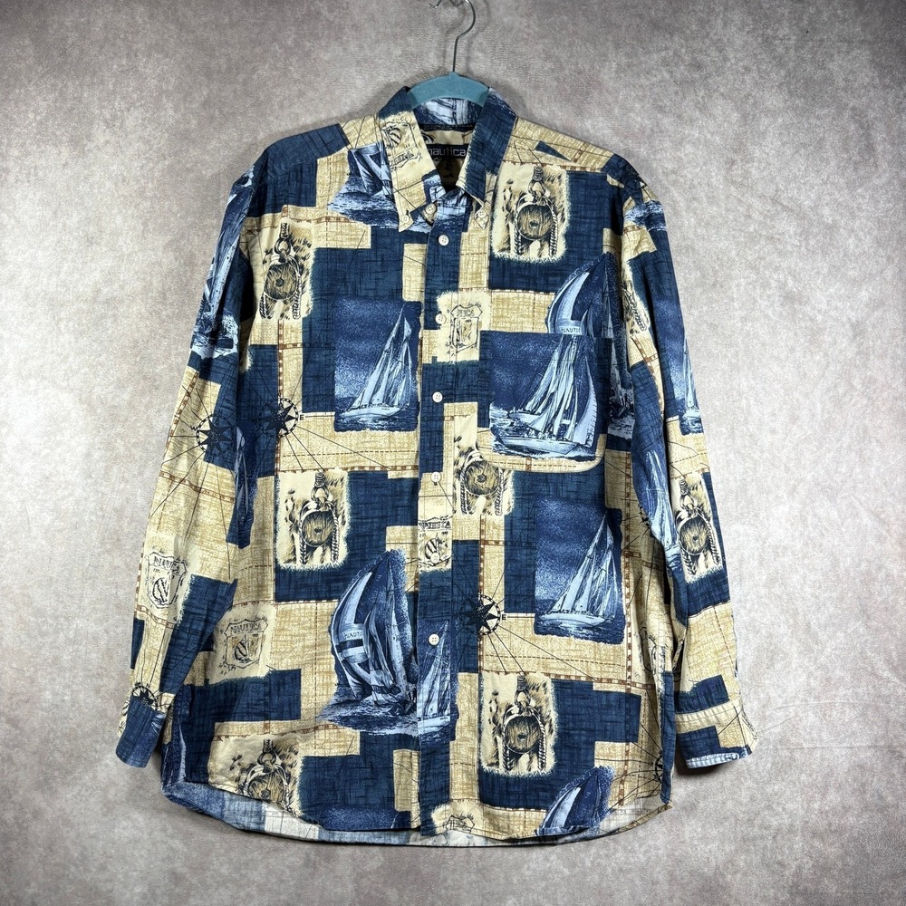 Vintage Nautica Shirt Mens M Blue Tab Sailboat Print Button Down Nautical Y2K